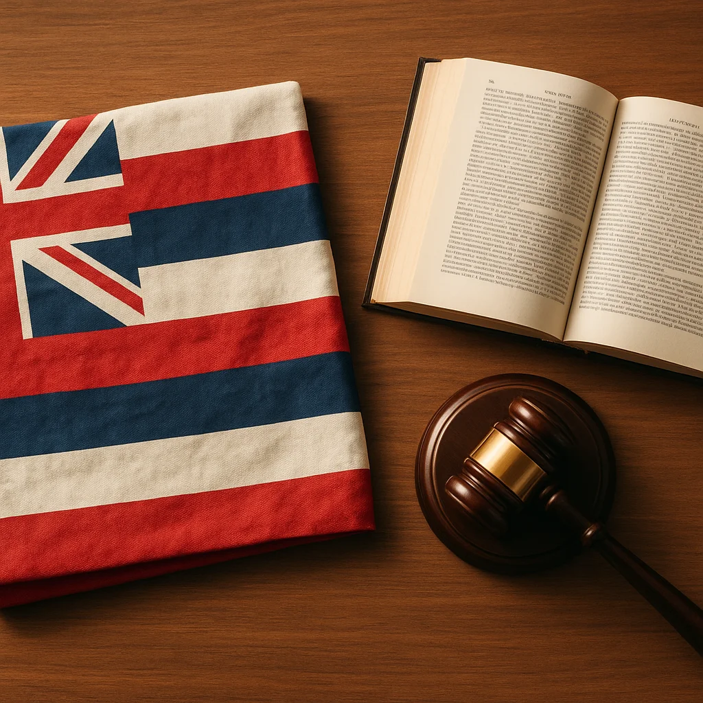 Hawaii state flag with legal book and gavel